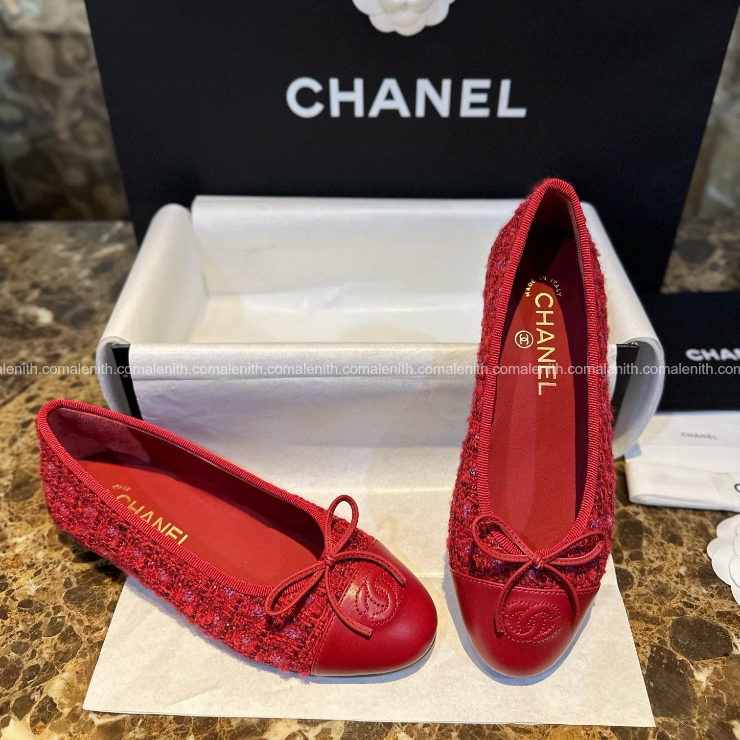 Chanel 23C Red Lambskin with Floral Fabric Ballet Flats